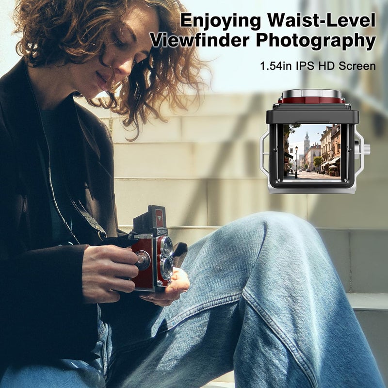 JOYTRIP CHUZHAO Vintage Mini Digital Camera, Portable TLR Style Retro Point and Shoot Compact Small Pocket 1080P FHD Video 12MP Autofocus Vlogging Camera with 16 GB Card for Beginners Teens Adults Red - Image 3
